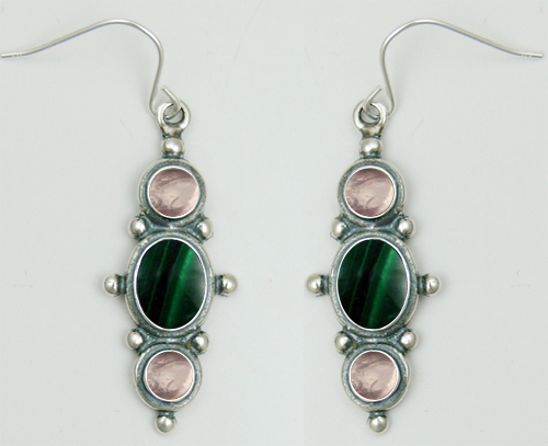 Sterling Silver Drop Dangle Earrings With Malachite And Rose Quartz